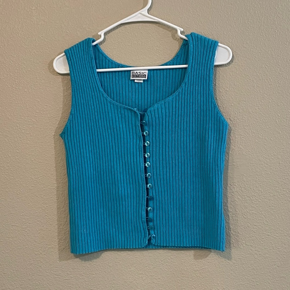 Vtg Basic Editions Teal Knit Button-Front Tank Top